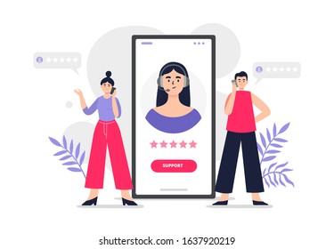 Customer service illustration. Cute woman in headphones, answers client's phone calls, help them, get feedback and good rate. Flat Vector illustration