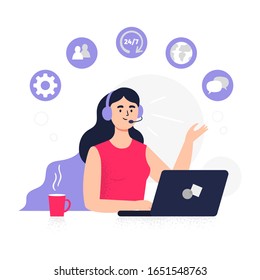 Customer service illustration. Girl answer phone calls, chatting with customers and help clients. Flat Vector illustration good for telemarketing, call centers, helpline or other businesses. 