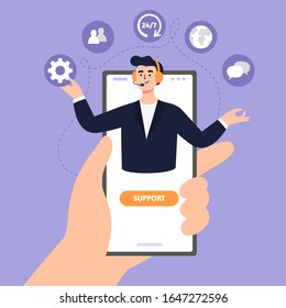 Customer service illustration. A handsome man answers phone calls, chatting, help clients and get feedback. Flat Vector illustration good for telemarketing, call centers, helpline or other businesses.