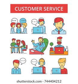 Customer service illustration, thin line icons, linear flat signs, vector symbols, outline pictograms set, editable strokes