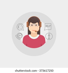 Customer service illustration - vector woman phone operator in headset. Cartoon call center operator symbol. Flat customer service background