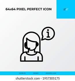 customer service and info center vector line icon style. woman with headphone. 64x64 Pixel perfect