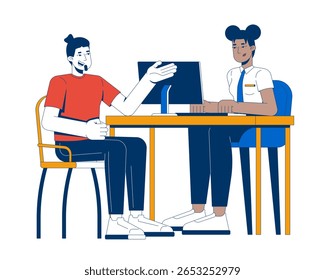 Customer service interaction at bank desk 2D cartoon characters. Caucasian male client in professional conversation with civil servant flat vector people isolated on white. Spot illustration colorful