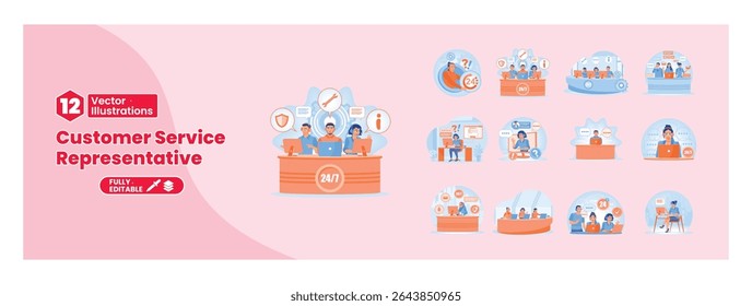 Customer service interacts with customers. Communicates, provides assistance and support to customers online. Mega set.