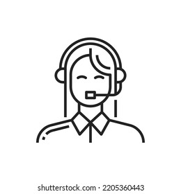 Customer service isolated user with headphone outline icon. Vector online consultant, call center worker or person on internet conference. Customer support help, consulting management, woman speaker