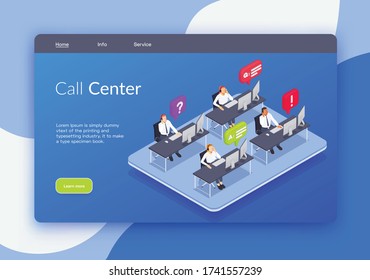 Customer service isometric banner or landing page with call center headline links and learn more button vector illustration