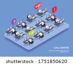 Customer service isometric and colored composition open space with operators online call center and chat vector illustration