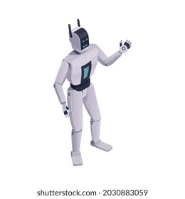 Customer service isometric composition with isolated character of anthropomorphic robot vector illustration
