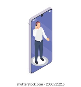 Customer service isometric composition with male tech support agent inside smartphone screen vector illustration