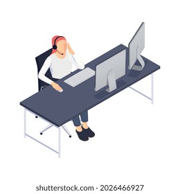 Customer service isometric composition with view of working space of tech support employee vector illustration
