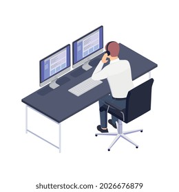 Customer service isometric composition with view of tech support agent working at table with two computers vector illustration