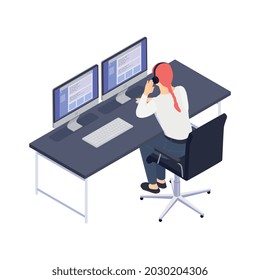 Composición isométrica del servicio al cliente con respecto al lugar de trabajo del agente de soporte técnico con mujer parlante en auriculares ilustración vectorial