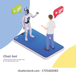 Isometometrisches Konzept des Kundendienstes - Schlagzeile und abstrakte Situation mit Roboter und Vektorillustration zur Veranschaulichung von Humandaten
