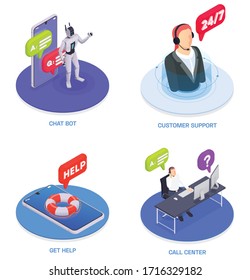 Customer service isometric icon set with chat bot support get help and call center descriptions vector illustration