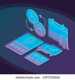 Customer service isometric vector illustration. Client attraction, retention linear icons infographic. Marketing tools 3d concept. Loyalty program, customer support. Gradient isolated design elements