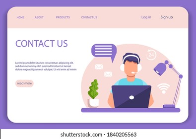 Customer service landing page. Concept illustration for support, assistance, call center. Man with headphones and microphone with laptop