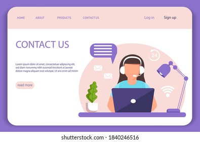 Customer service landing page. Concept illustration for support, assistance, call center. Woman with headphones and microphone with laptop