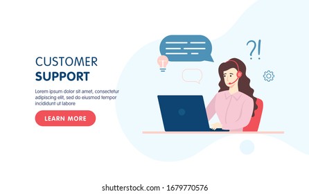 Customer service landing page. Female operator of call center with headphones and microphone with laptop computer. Vector flat cartoon illustration