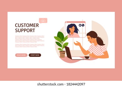 Customer service landing page. Female hotline operator advises client, online technical support. Operator solving problems. Concept for support, assistance, call center. Vector illustration. Flat.