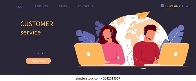 Customer service landing page. Hotline operators man and woman with headphones and microphone with laptop. Online global technical support 24 7, assistance, call center, hotline. Vector illustration.