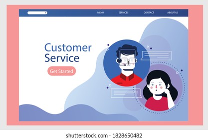 Customer service landing page. Man with headphones and microphone talking with Woman. Concept illustration for support, assistance, call center. Vector illustration in flat style.