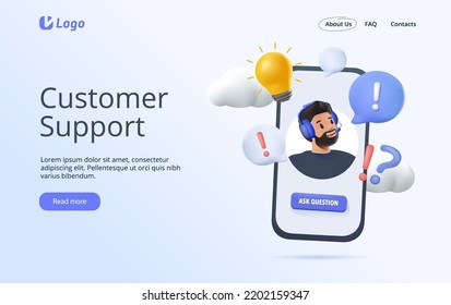 Customer service landing page. Man with headphones and microphone with smartphone. Customer support website. Concept illustration for support, assistance, call center. 3D render Vector illustration - Shutterstock ID 2202159347