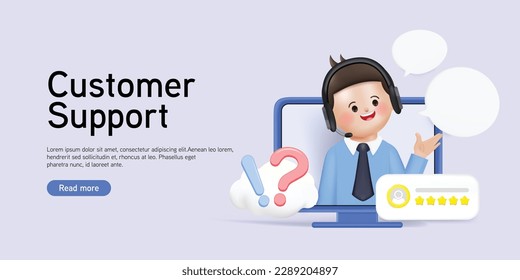 Customer service landing page. Man with headphones and microphone with smartphone. Customer support website. Concept illustration for support, assistance, call center. 3D render Vector illustration