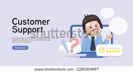Customer service landing page. Man with headphones and microphone with smartphone. Customer support website. Concept illustration for support, assistance, call center. 3D render Vector illustration