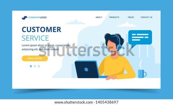 Customer service\
landing page. Man with headphones and microphone with laptop.\
Concept illustration for support, assistance, call center. Vector\
illustration in flat\
style