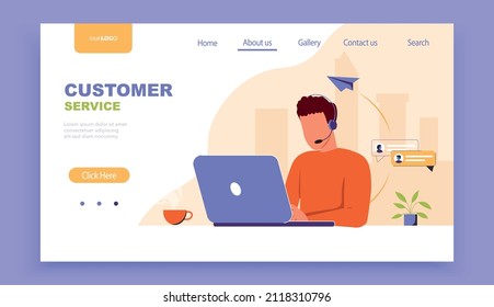 Customer service landing page template. Woman with headphones and microphone with laptop. Concept illustration for online global technical support, help, hotline, call center. Flat vector illustration