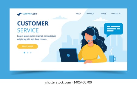 Customer service landing page. Woman with headphones and microphone with laptop. Concept illustration for support, assistance, call center. Vector illustration in flat style