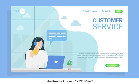Customer service landing page. Woman with headphones and microphone with laptop. Illustration for support, assistance, call center.