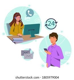 Customer service landing page. Woman with headphones and microphone with laptop.Happy male helpline operator with headset consulting a client. Online global tech support 24/7. Operator and customer. 