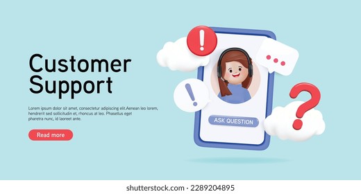 Customer service landing page. Woman with headphones and microphone with smartphone. Customer support website. Concept illustration for support, assistance, call center. 3D render Vector illustration