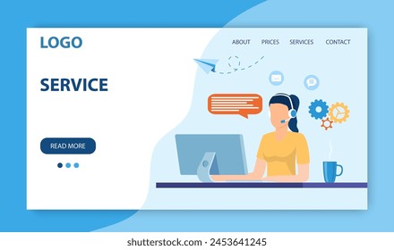 Customer service landing page. woman with headset is sitting at his computer. Client assistance, call center, hotline operator, consultant manager. technical support. Vector illustration in flat style