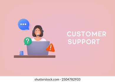 Servicio al cliente landing page. Mujer con auriculares y micrófono con smartphone. Ilustraciones vectoriales de Web 3D.