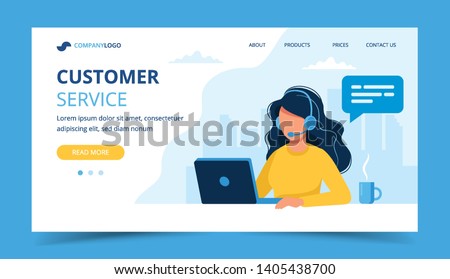 Customer service landing page. Woman with headphones and microphone with laptop. Concept illustration for support, assistance, call center. Vector illustration in flat style