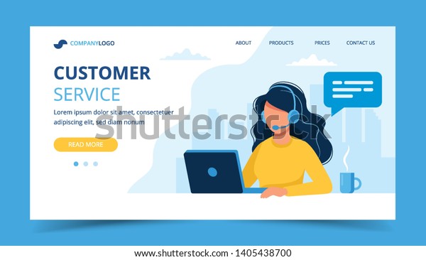 Customer service\
landing page. Woman with headphones and microphone with laptop.\
Concept illustration for support, assistance, call center. Vector\
illustration in flat\
style