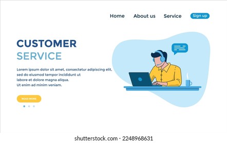 Customer service landing page. Young man with headphones and microphone with laptop. Concept illustration for support, assistance, call center. Vector illustration in flat style
