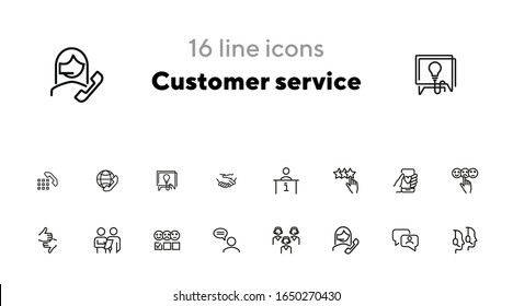 Conjunto de iconos de línea de servicio al cliente. Revisión, formulario de evaluación, comentarios. Concepto de soporte al cliente. Puede utilizarse para temas como centro de llamadas, centro de contacto, consultoría, línea directa