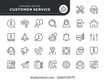 Customer service line icon set. Support, online help, assistance, 24 hrs, operator, question, info and more. Outline vector icon in linear style. Pictogram collection	

