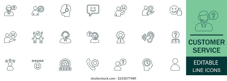 Conjunto de iconos de línea de Servicio al cliente. Perfecto para Asistencia, mesa de ayuda, Comentarios, centro de llamadas, servicio al cliente, App de comunicación, interfaz de usuario de Sitio web, chatbot, preguntas frecuentes y Páginas de contacto.