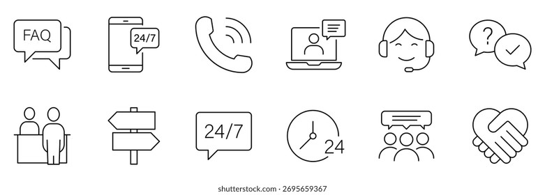 Customer service line icon set. Support icon set. Support, online help, assistance, 24 hrs, operator, question, info, communication, FAQ, information and more. Vector illustration.