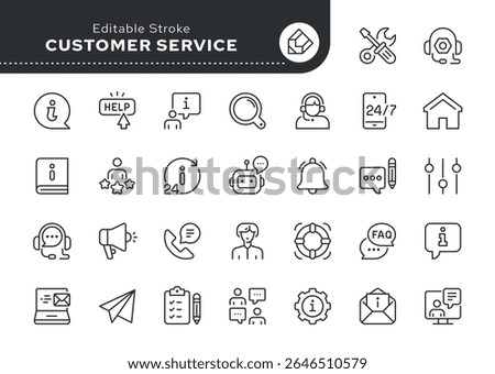 Customer service line icon set. Support, online help, assistance, 24 hrs, operator, question, info and more. Outline vector icon in linear style. Pictogram collection	

