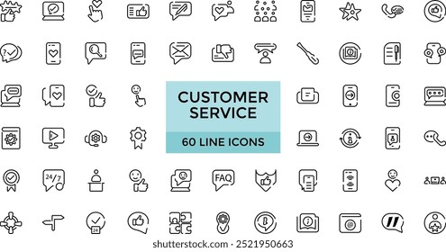 Conjunto de ícones de linha de serviço de atendimento ao consumidor. Suporte, Big UI e coleção de ícones da Web em um design plano. Pacote fino de ícones de estrutura de tópicos. Ilustração vetorial