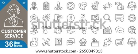Customer service line icons set. Editable stroke symbols of support, feedback, helpdesk, call center, chat, user guide, rating, complaint, assistance tools, and more. Vector illustration