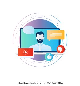 Customer Service, Live Chat Support, Video Tutorial Gradient Color Vector Illustration Design. Customer Online Assistance, Online Tutorial, Internet Training Icon Design For Web Banners And Apps