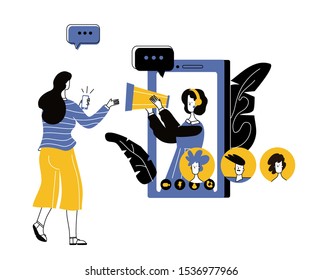 Customer service, male hotline operator advises client, online global technical support 24/7, customer and operator.Vector illustration in cartoon flat style.