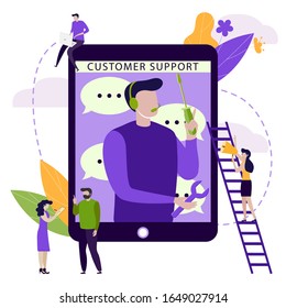 Customer service, male hotline operator advises client, online global technical support 24/7, customer and operator. Chat on tablet. Vector illustration