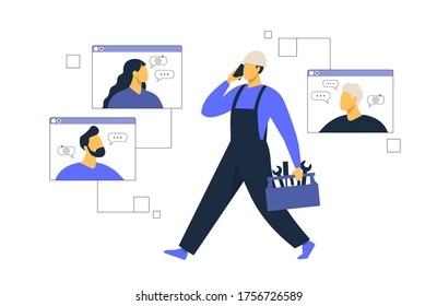 Customer service, male hotline operator advises client, online global technical support 24/7, customer and operator. Vector illustration.